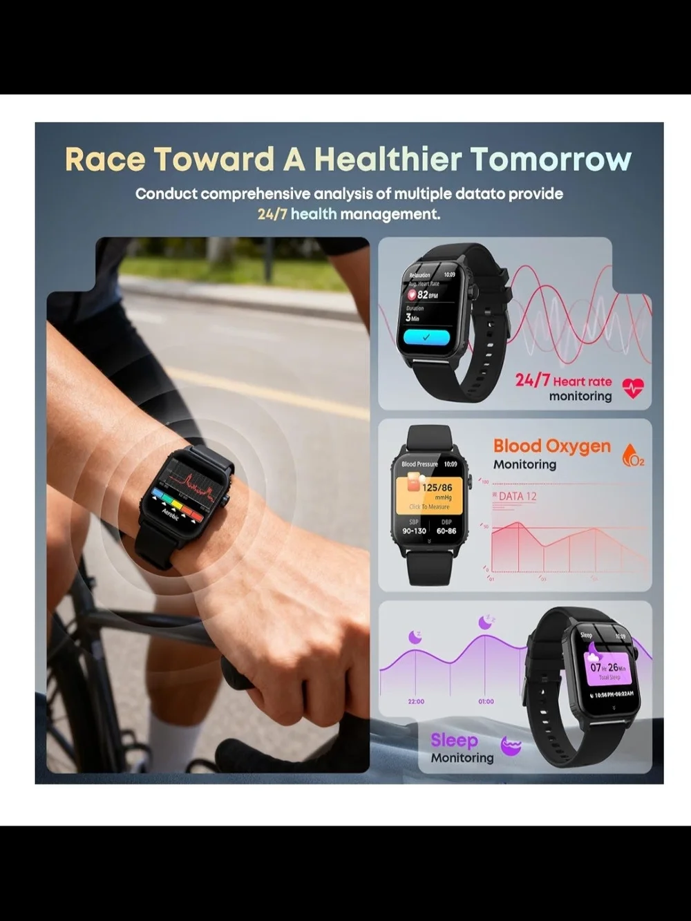 Smart Fitness Watch with Black Silicone Band